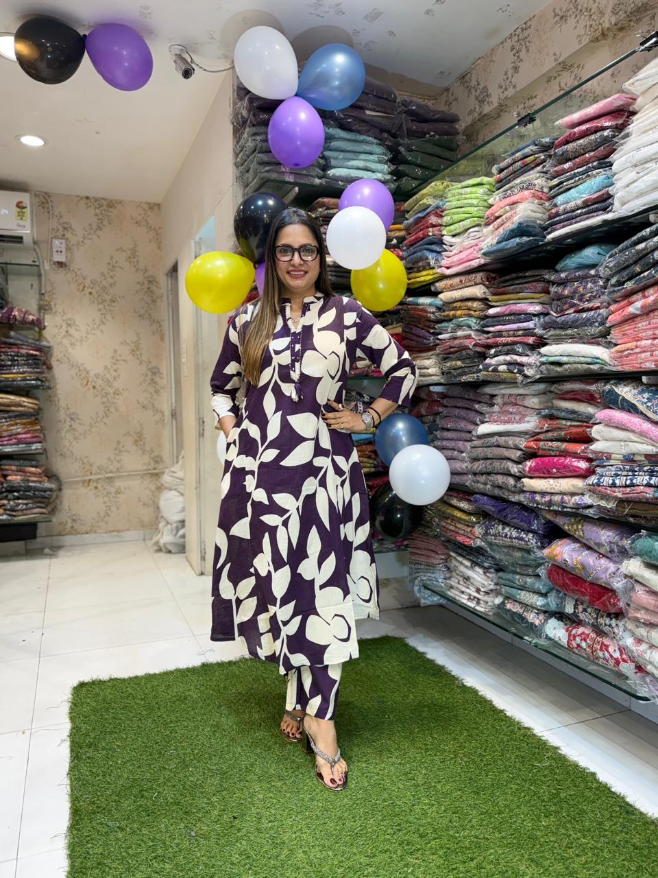 Pure Cotton Purple And Off White 2pc Set
