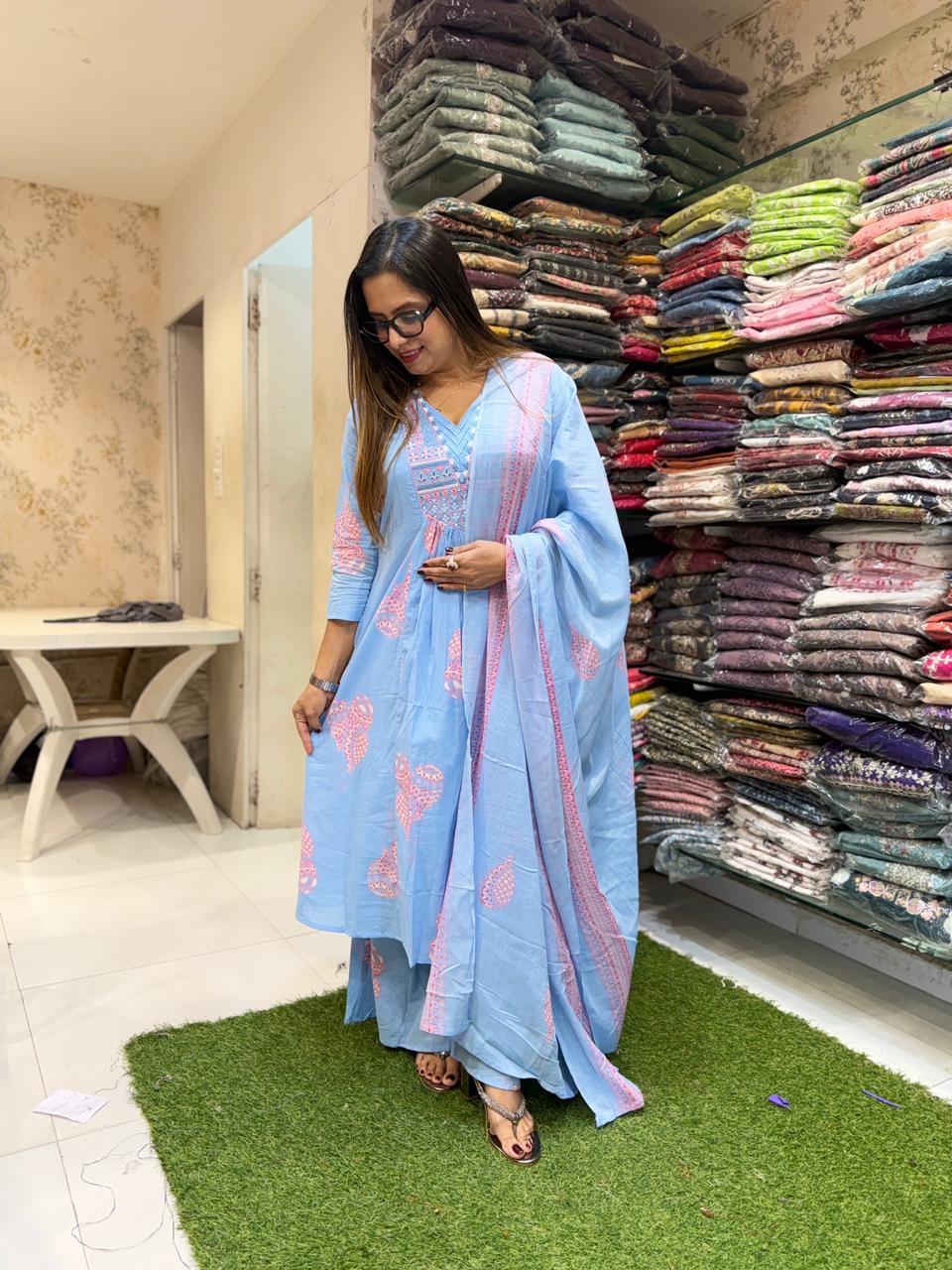 Pure Cotton Sky Blue A- Line 3pc Set