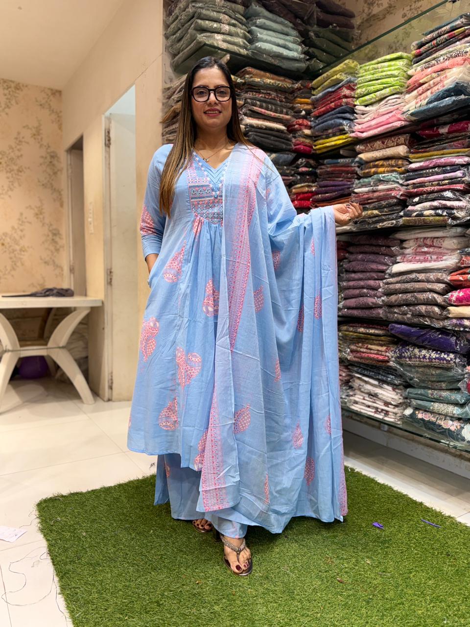 Pure Cotton Sky Blue A- Line 3pc Set