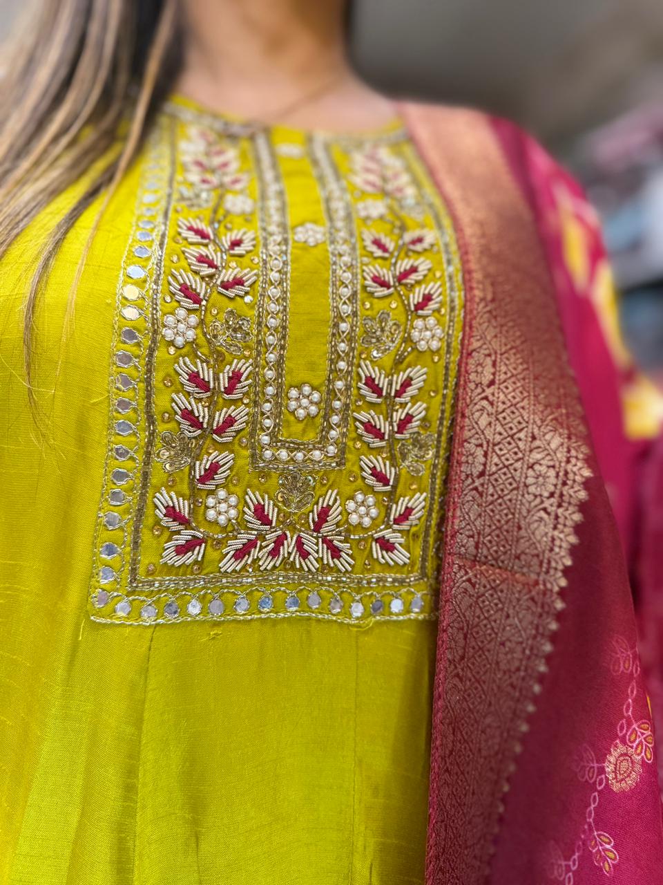 Pure Dola Silk Lime Green Shoulder Anarkali 3pc Set