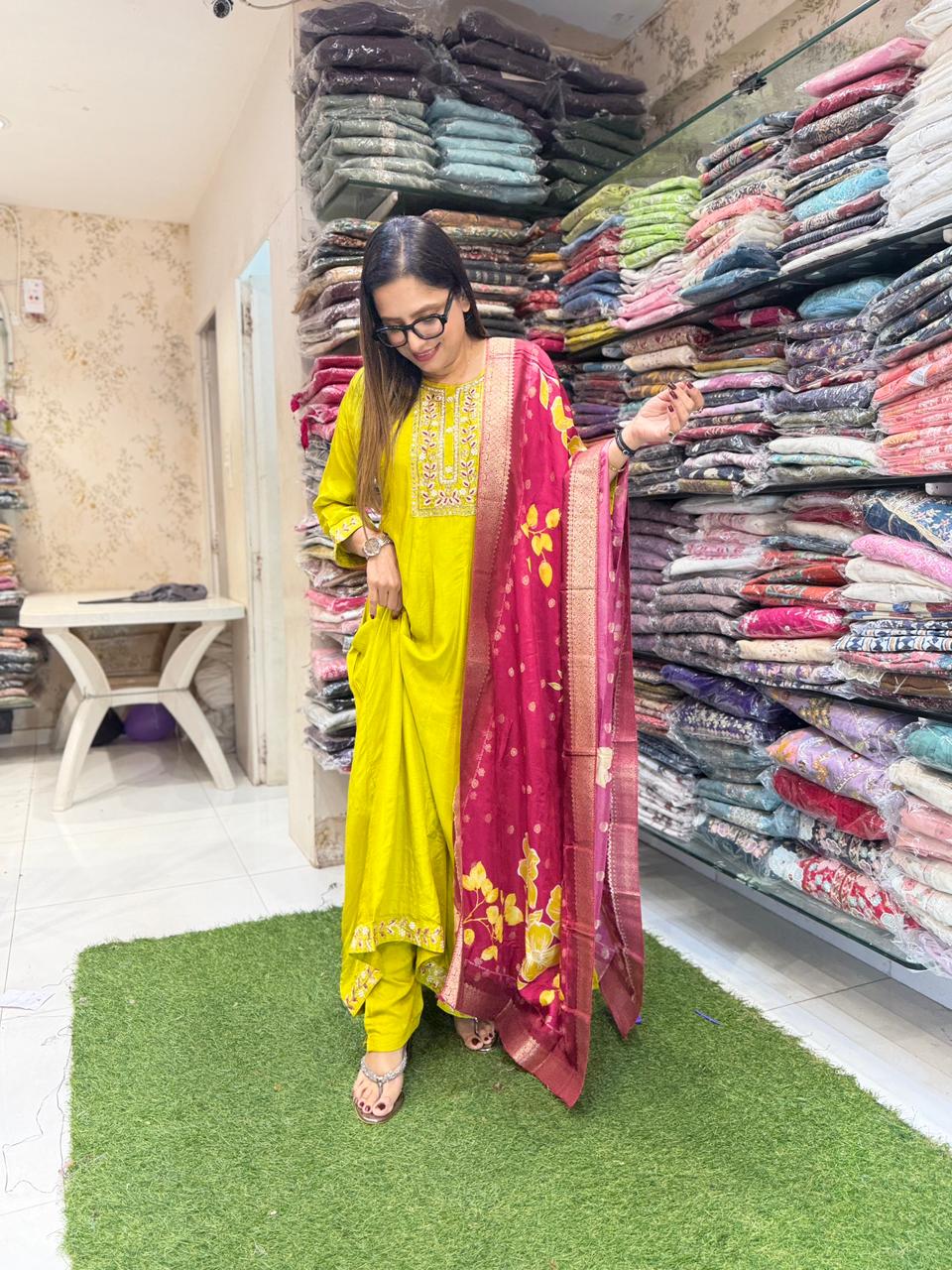 Pure Dola Silk Lime Green Shoulder Anarkali 3pc Set