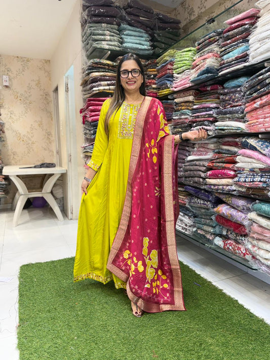 Pure Dola Silk Lime Green Shoulder Anarkali 3pc Set