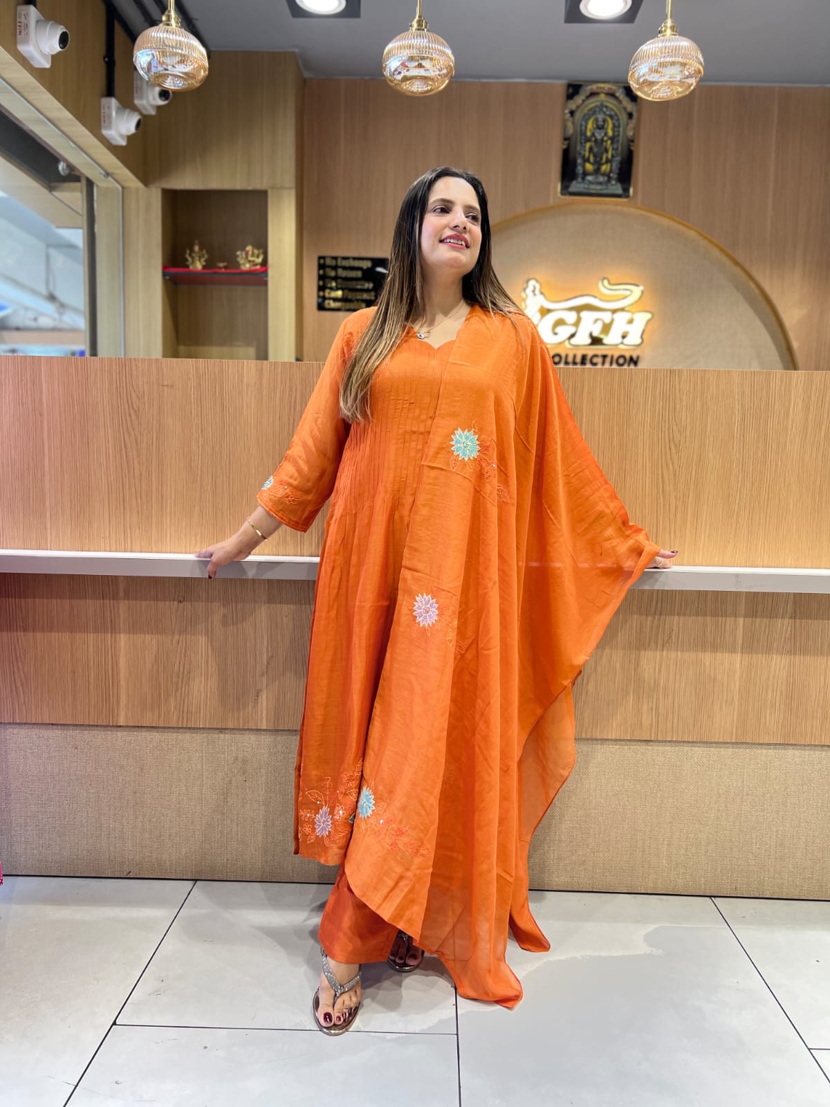 Banaras Mull Chanderi Rust Orange 3pc Set