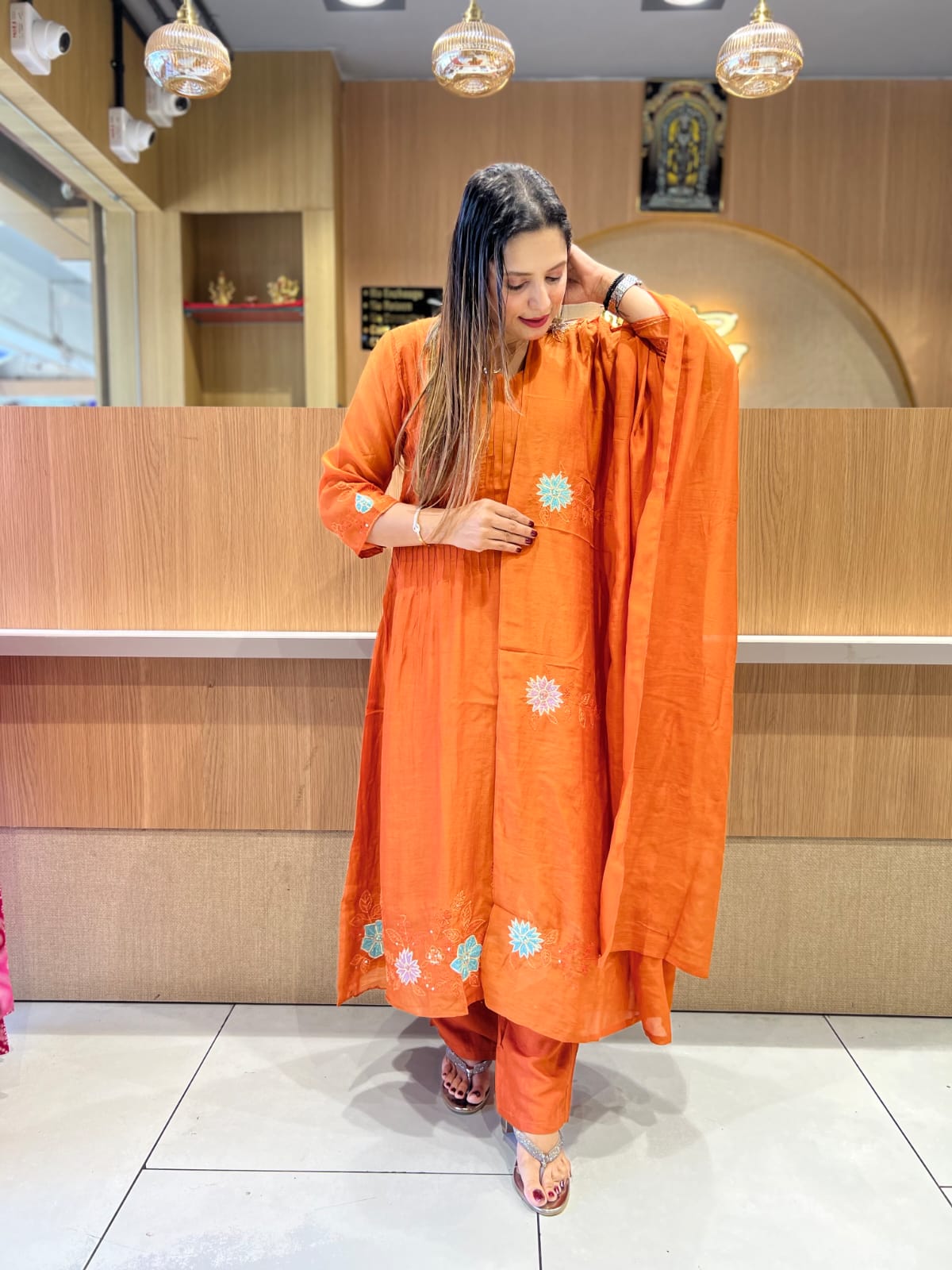 Banaras Mull Chanderi Rust Orange 3pc Set