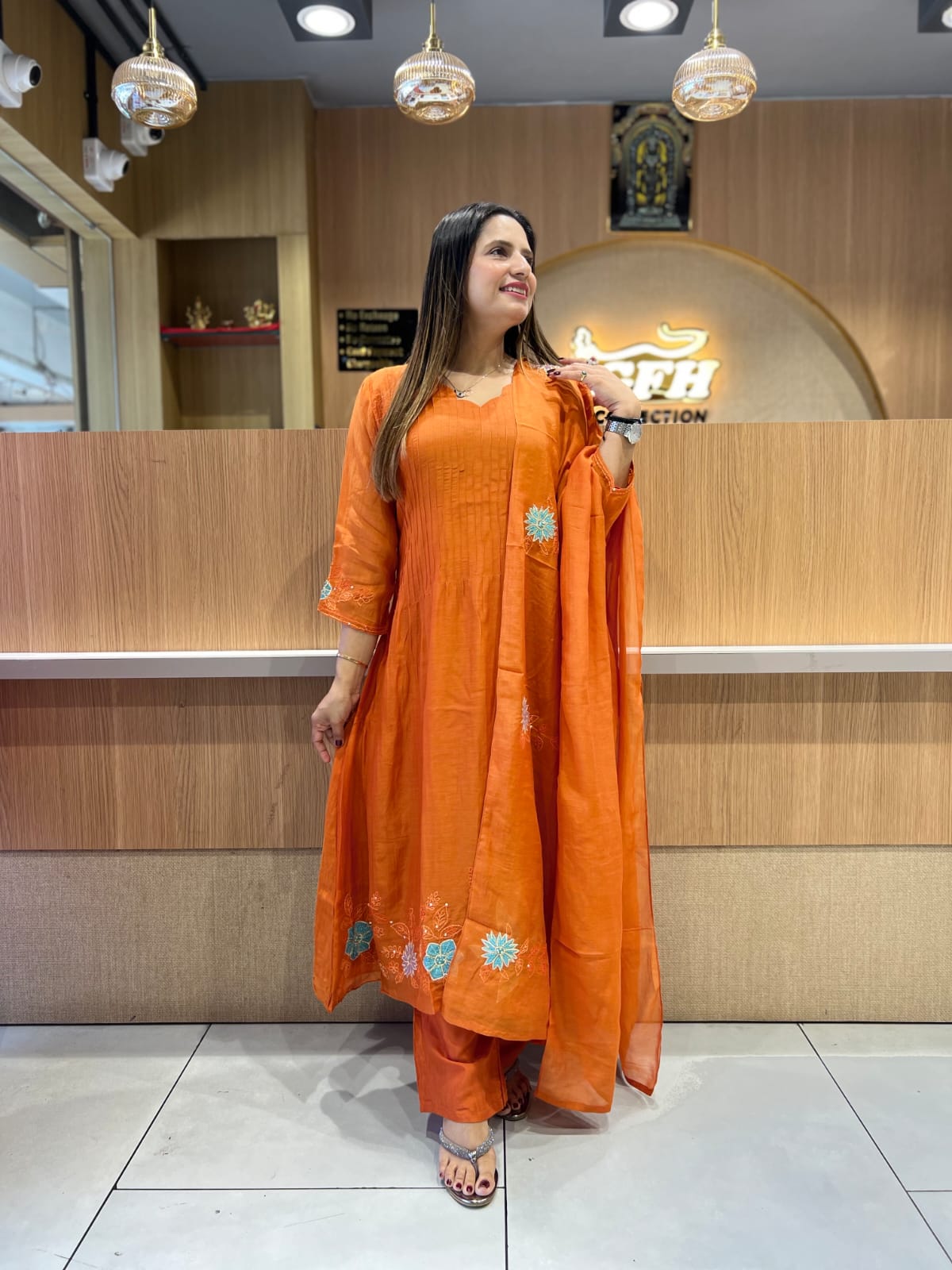 Banaras Mull Chanderi Rust Orange 3pc Set