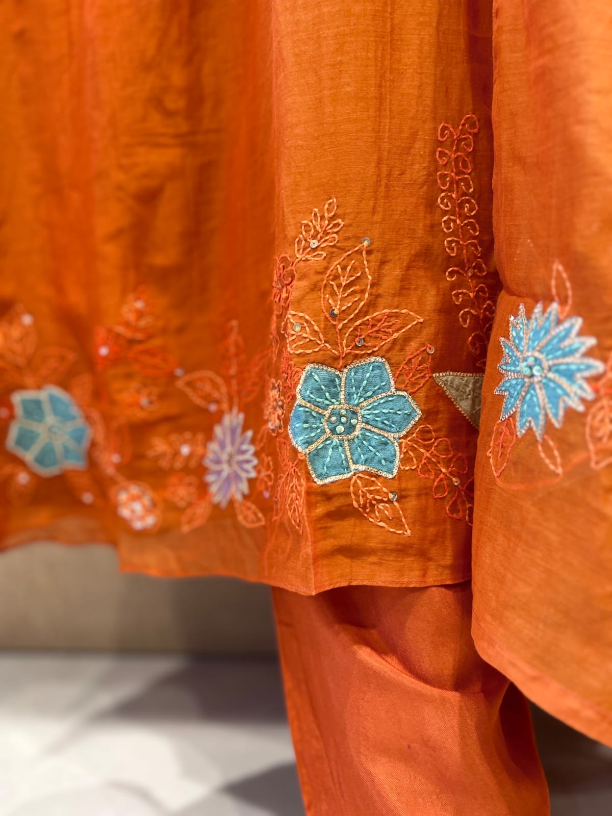 Banaras Mull Chanderi Rust Orange 3pc Set