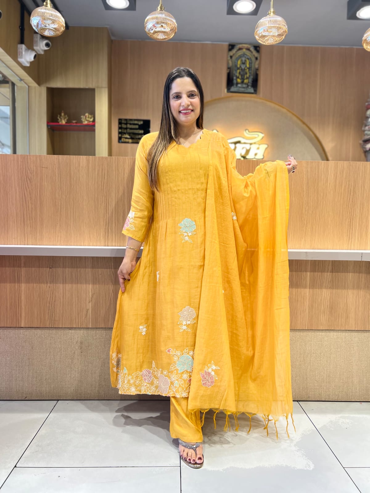 Banaras Mull Chanderi Mustard Yellow 3pc Set