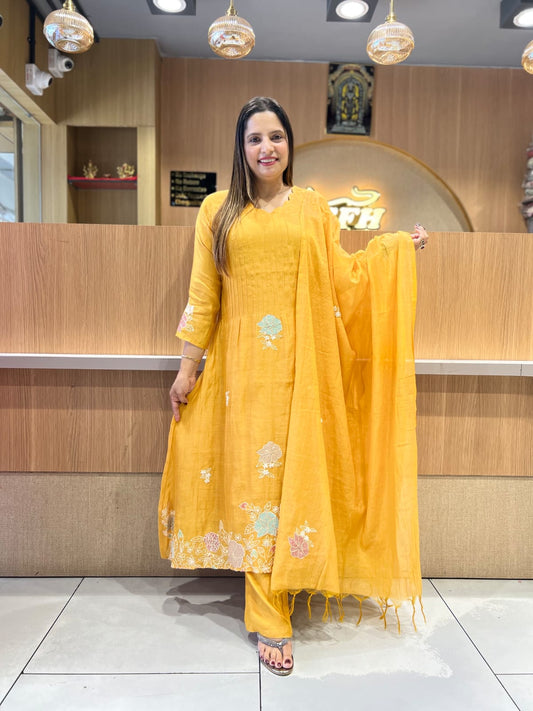 Banaras Mull Chanderi Mustard Yellow 3pc Set