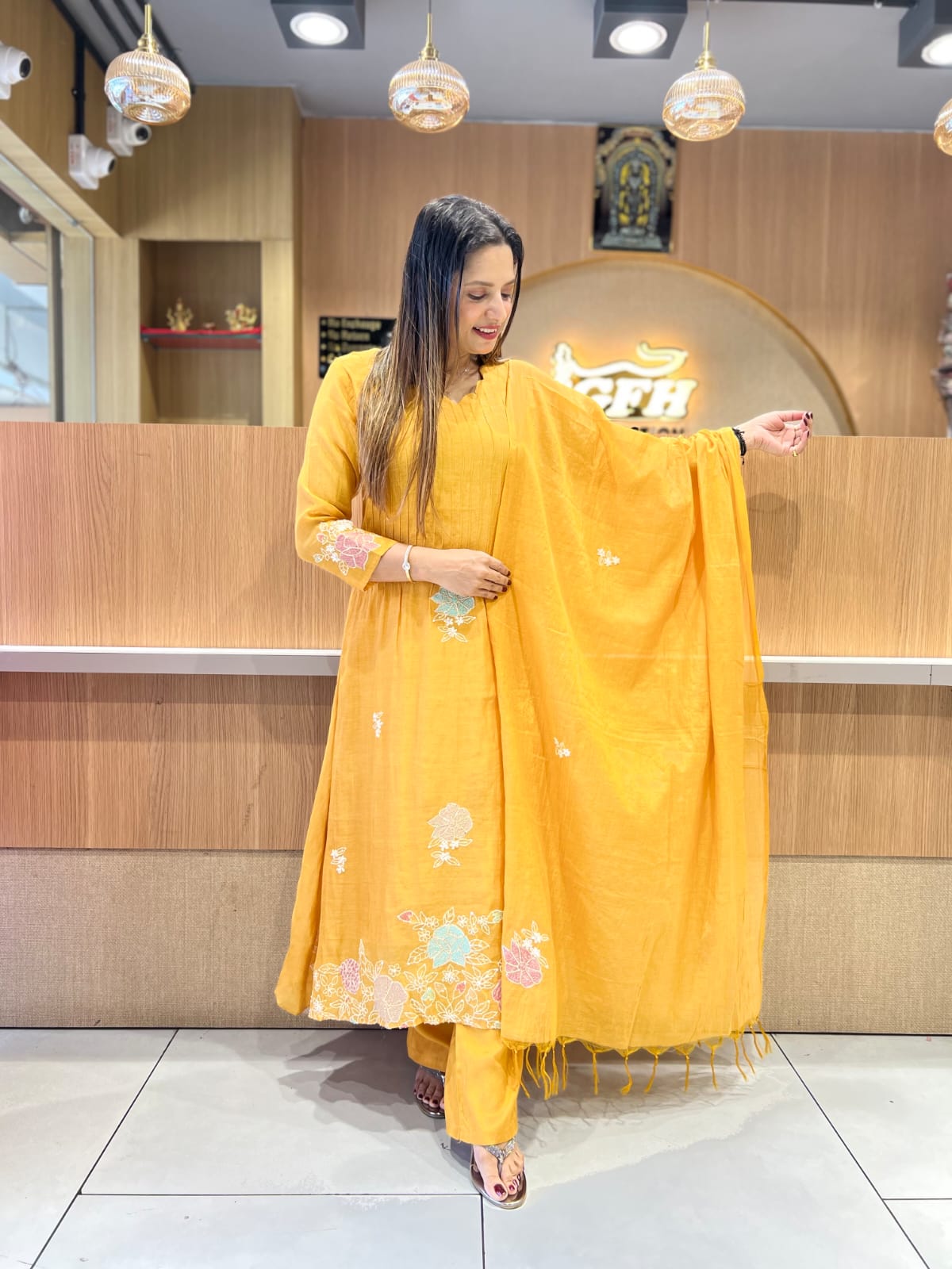 Banaras Mull Chanderi Mustard Yellow 3pc Set