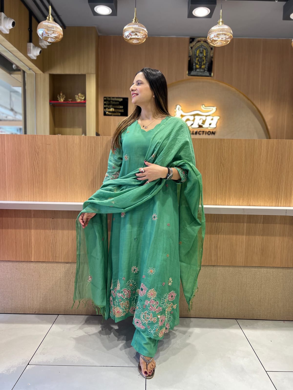 Banaras Mull Chanderi Leaf Green 3pc Set