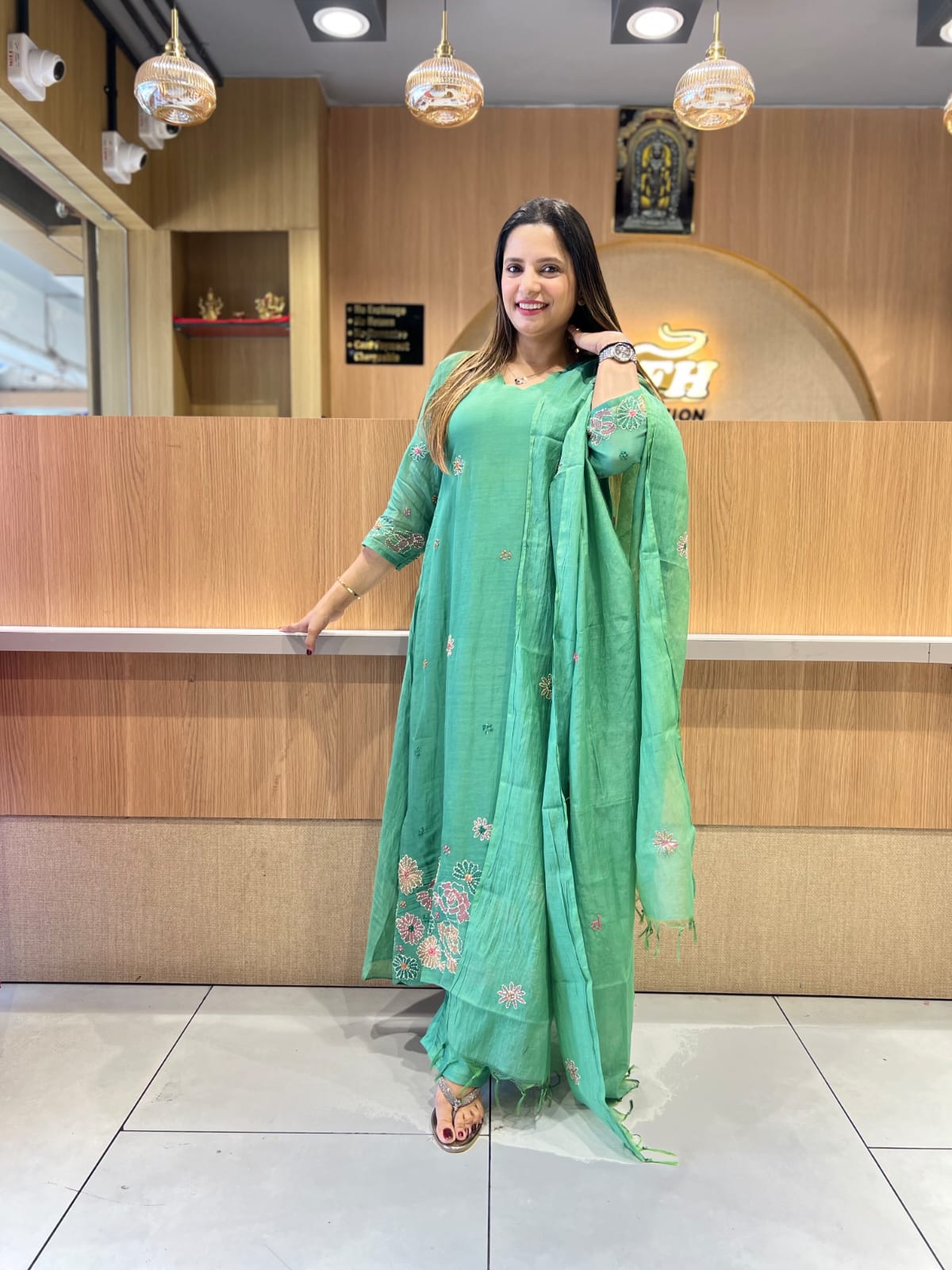 Banaras Mull Chanderi Leaf Green 3pc Set