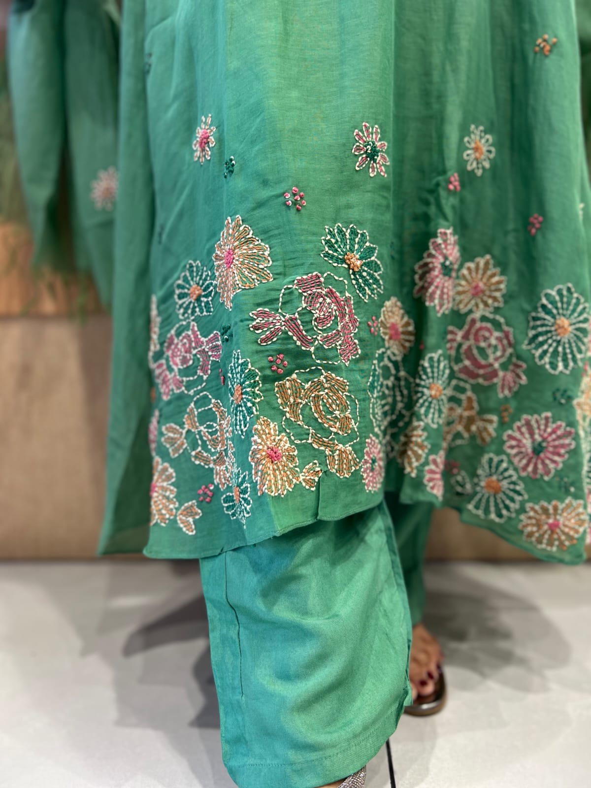 Banaras Mull Chanderi Leaf Green 3pc Set