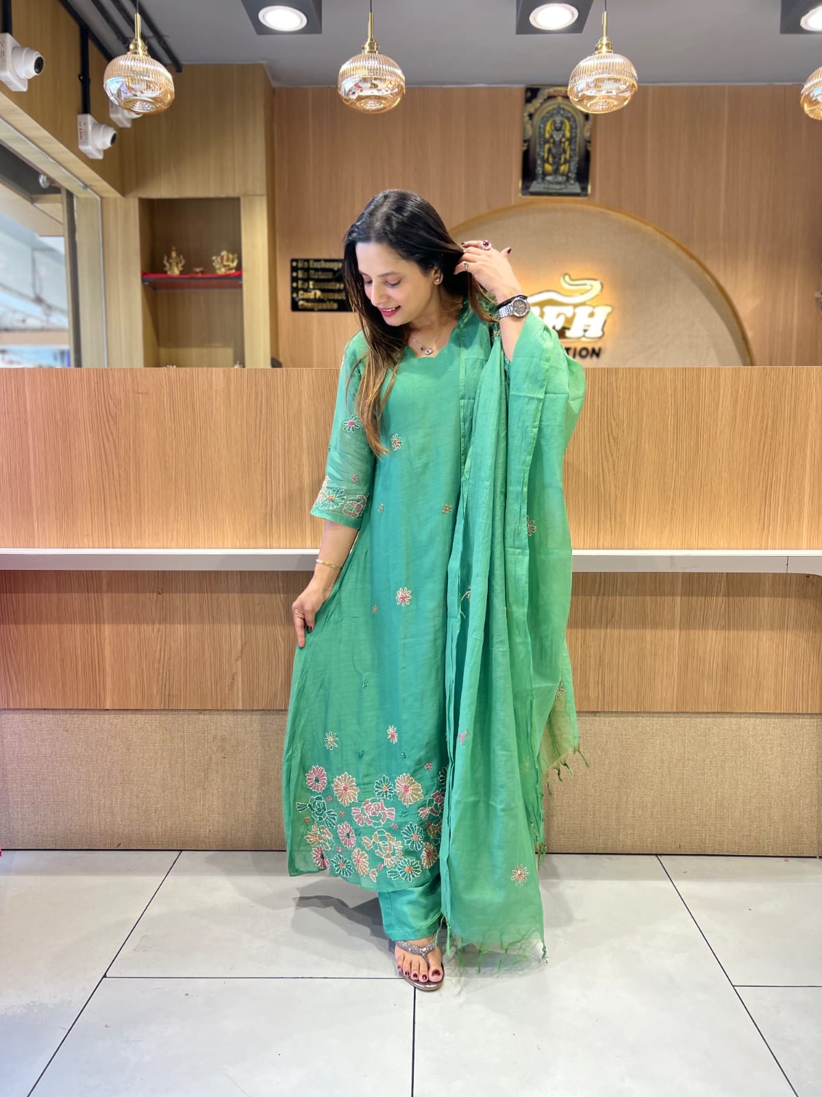 Banaras Mull Chanderi Leaf Green 3pc Set