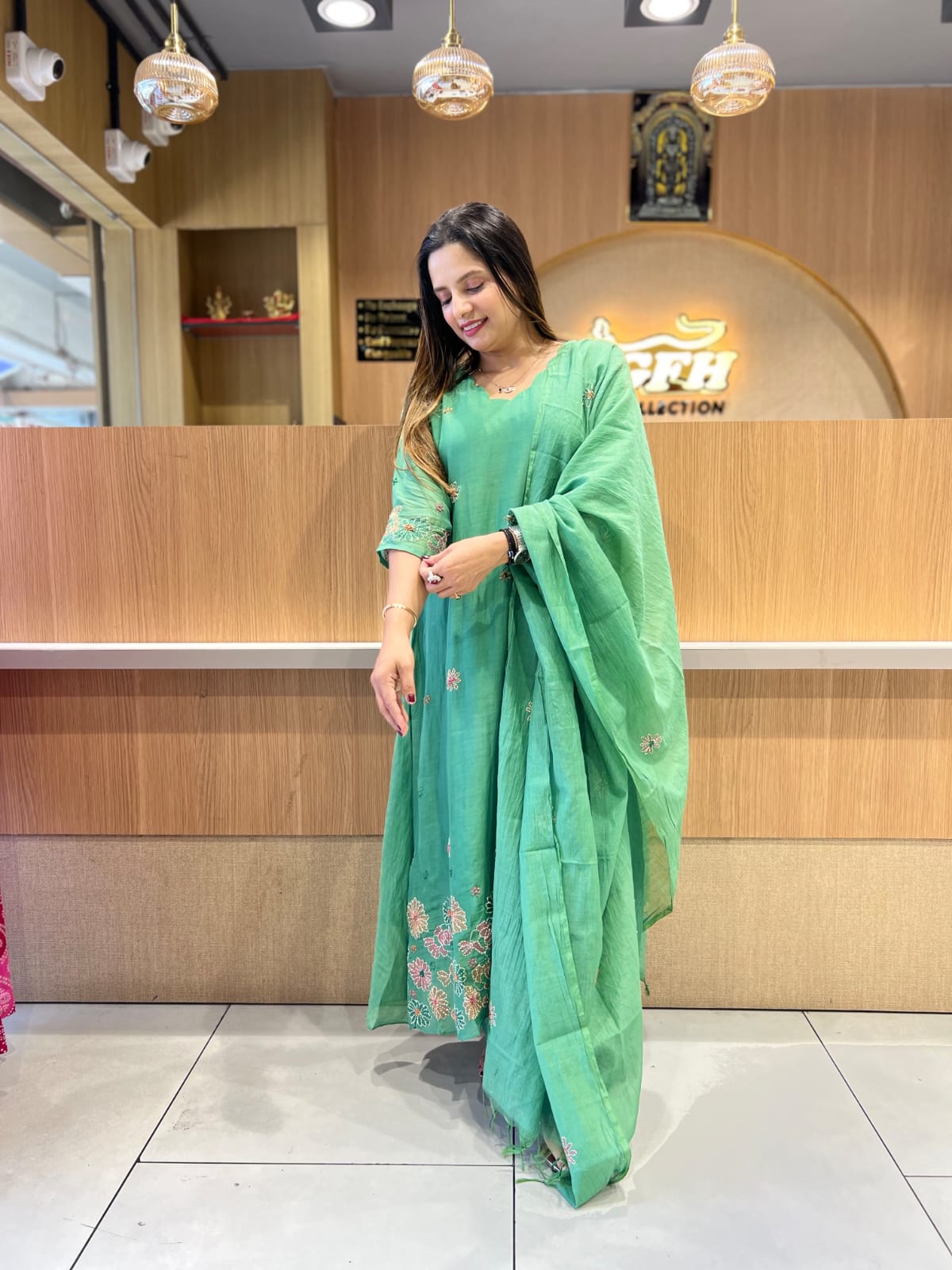 Banaras Mull Chanderi Leaf Green 3pc Set