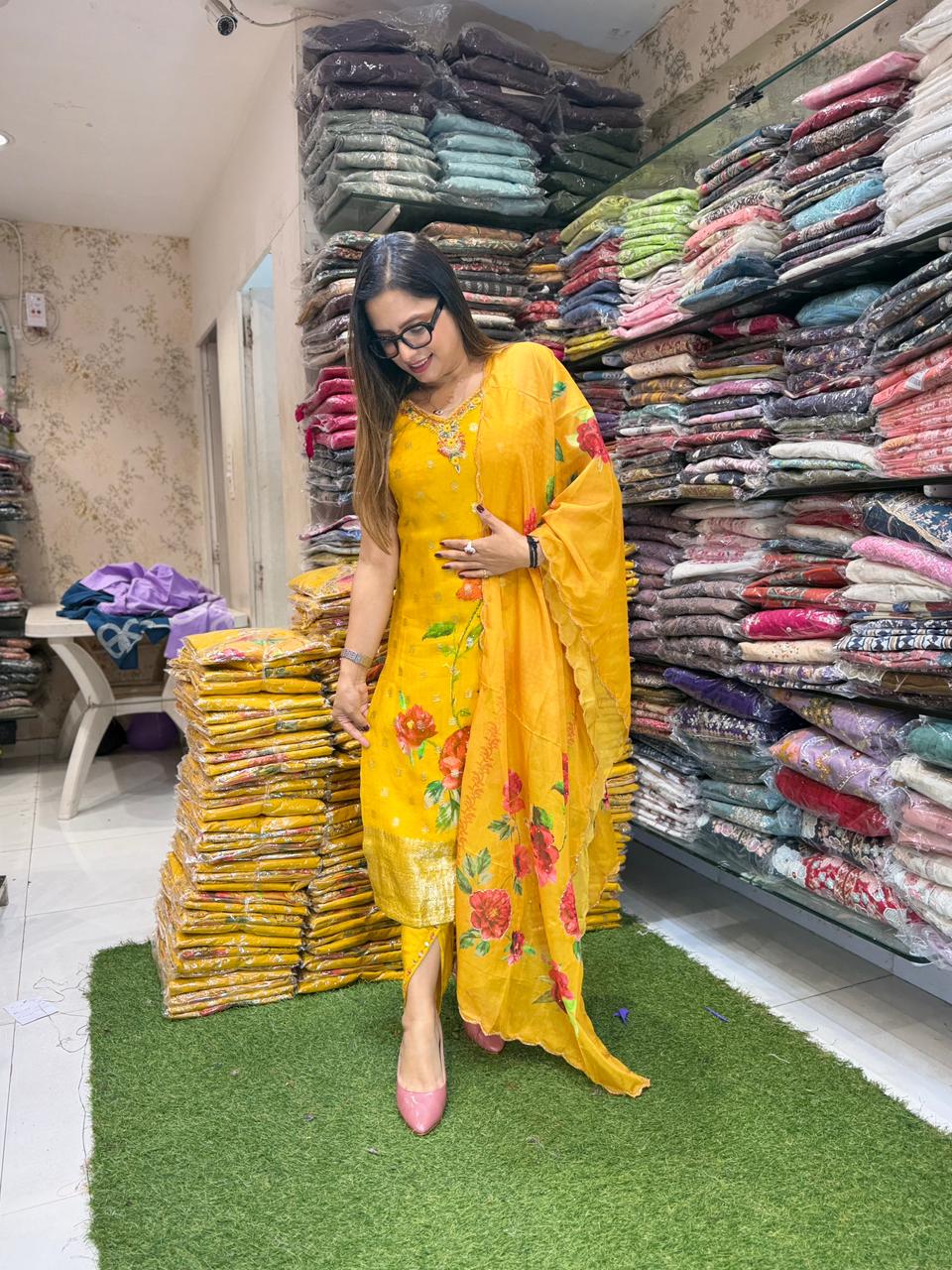 Pure Viscose Organza Yellow 3pc Set