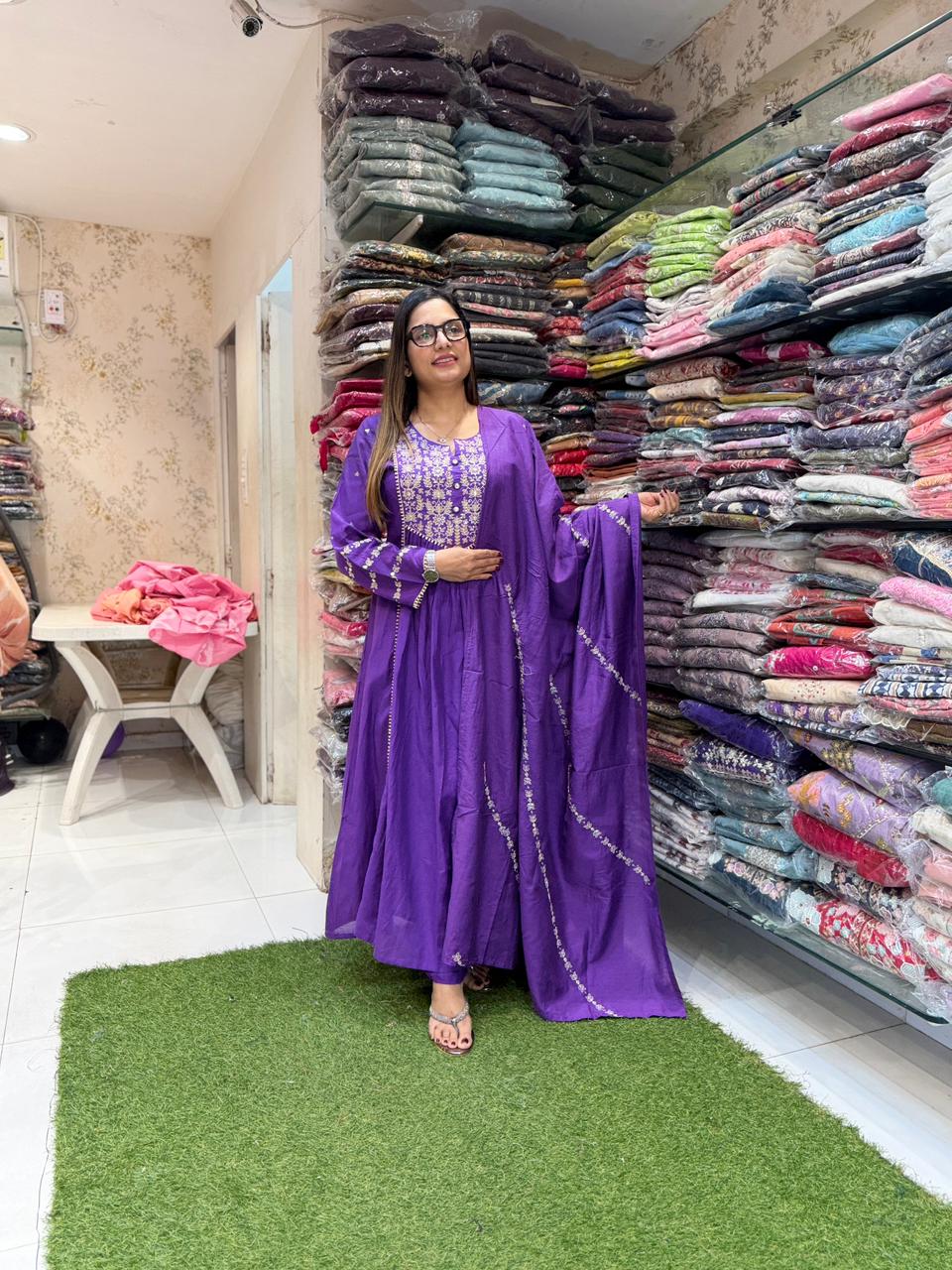 Pure Banarasi mull chanderi  Purple Anarkali 3pc Set