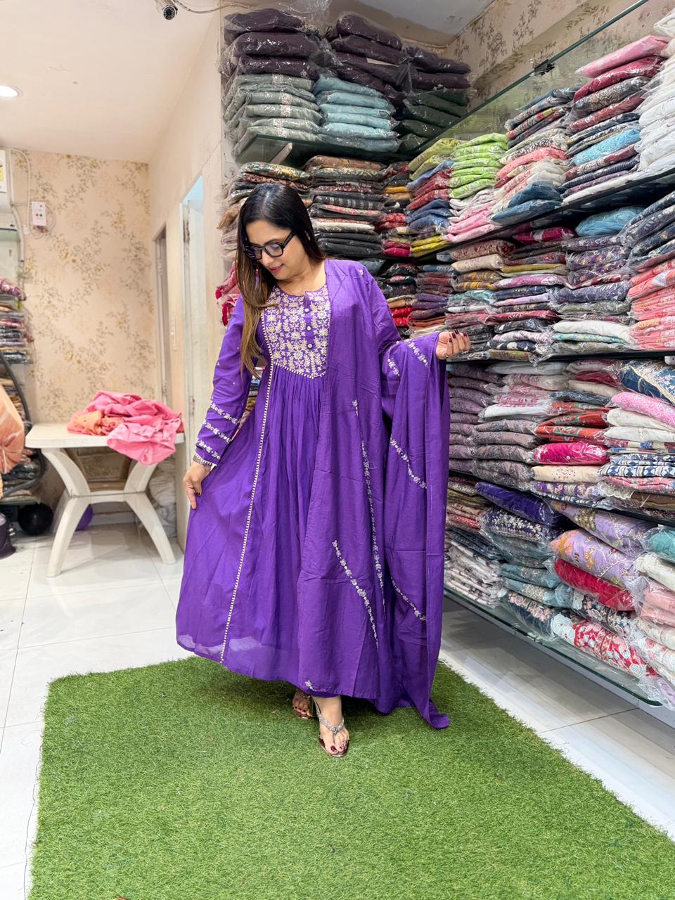 Pure Banarasi mull chanderi  Purple Anarkali 3pc Set