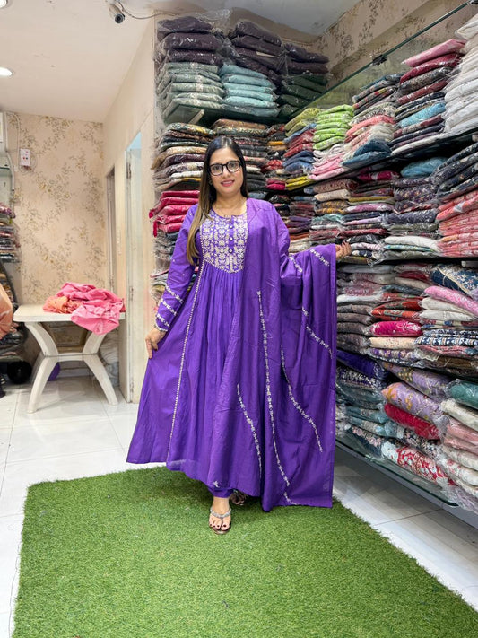 Pure Banarasi mull chanderi  Purple Anarkali 3pc Set