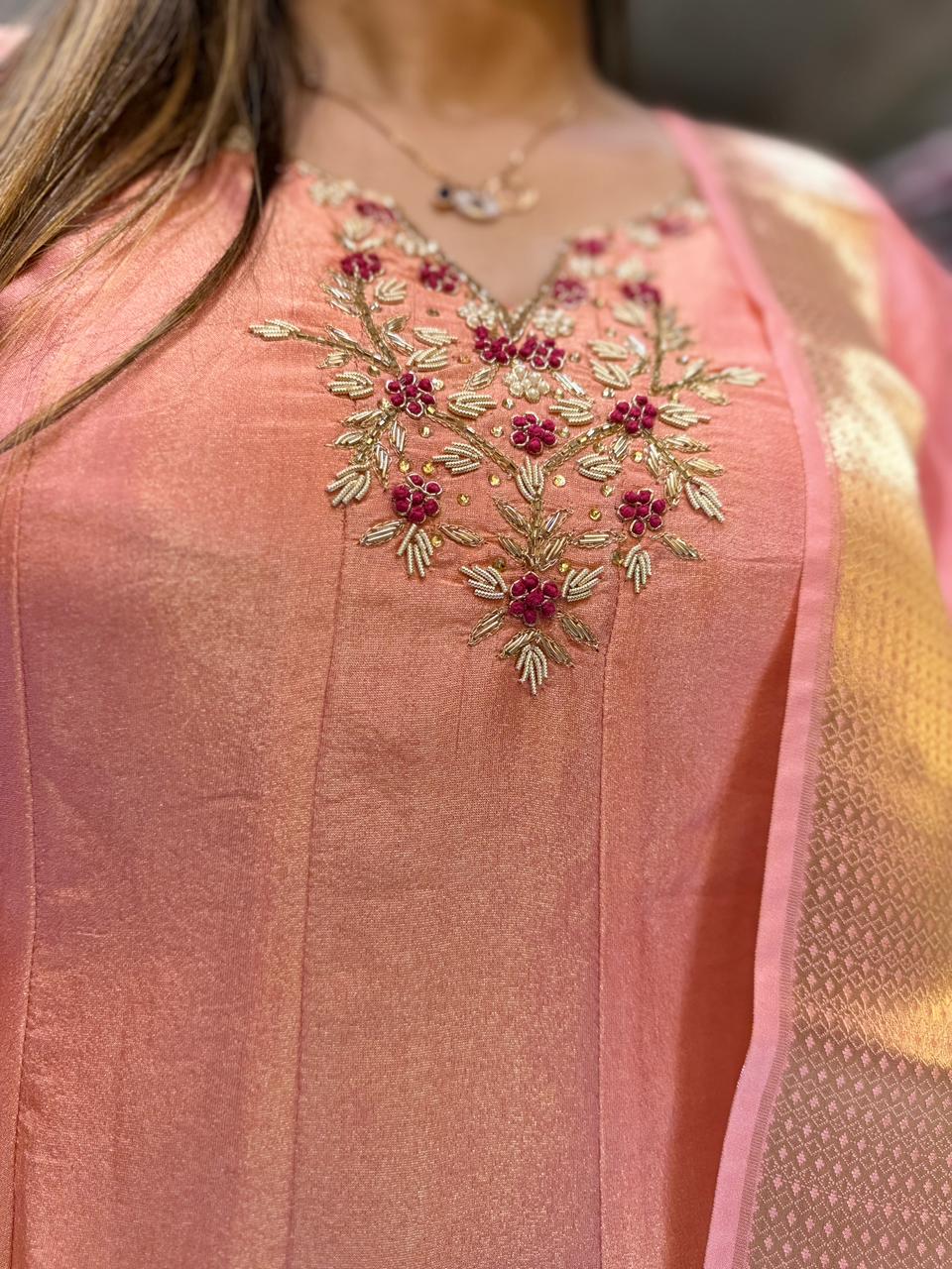 Pure Tissue Peach Shoulder Anarkali 3pc Set
