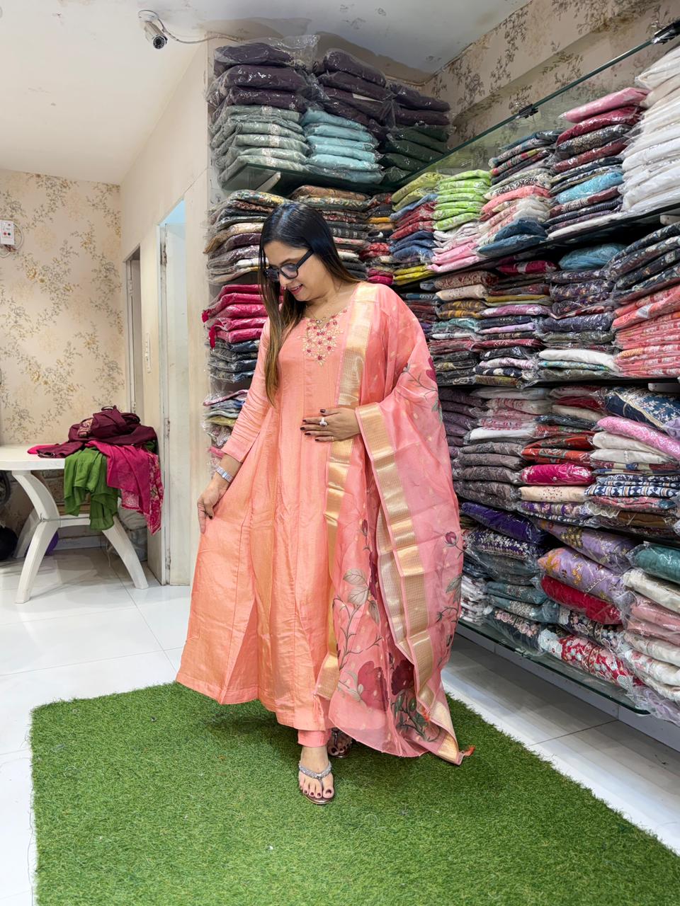 Pure Tissue Peach Shoulder Anarkali 3pc Set