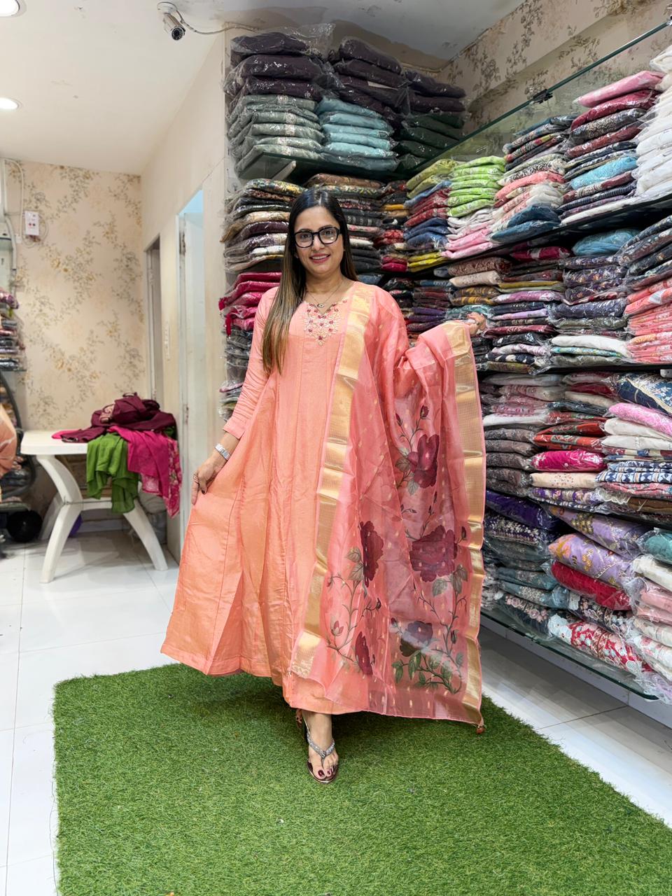 Pure Tissue Peach Shoulder Anarkali 3pc Set