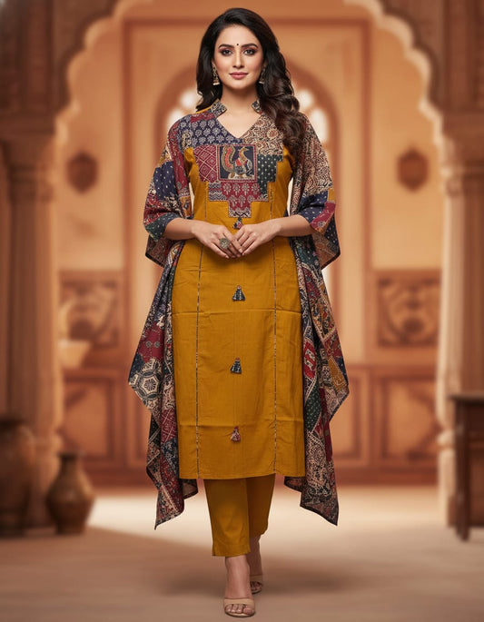 Pure  Cotton A-line Ajrak Mustard Yellow 3 pc set