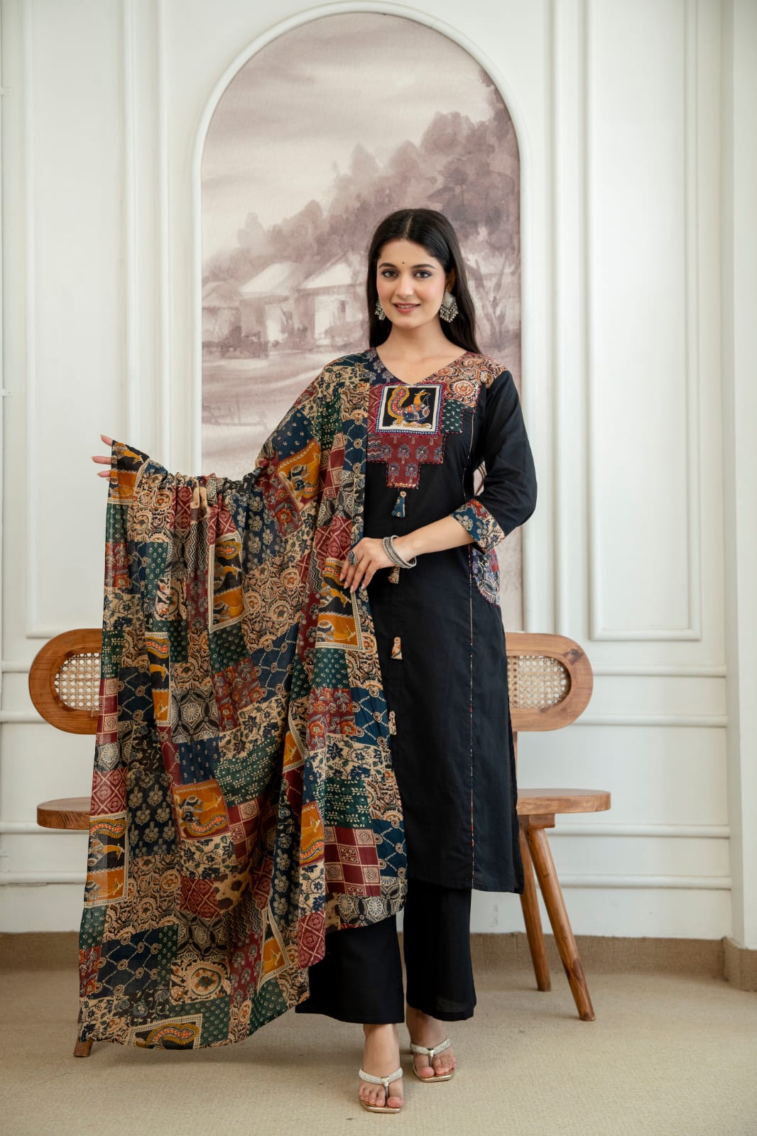 Pure Cotton A-line Ajrak Black 3 pc set