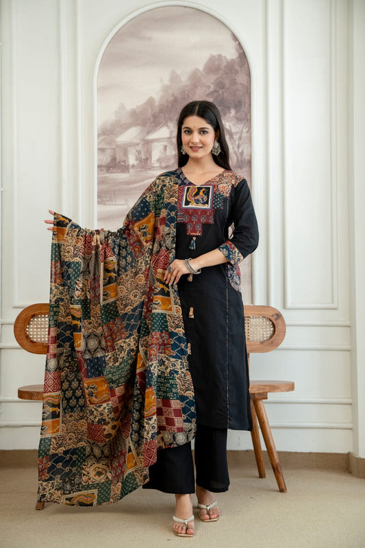 Pure Cotton A-line Ajrak Black 3 pc set