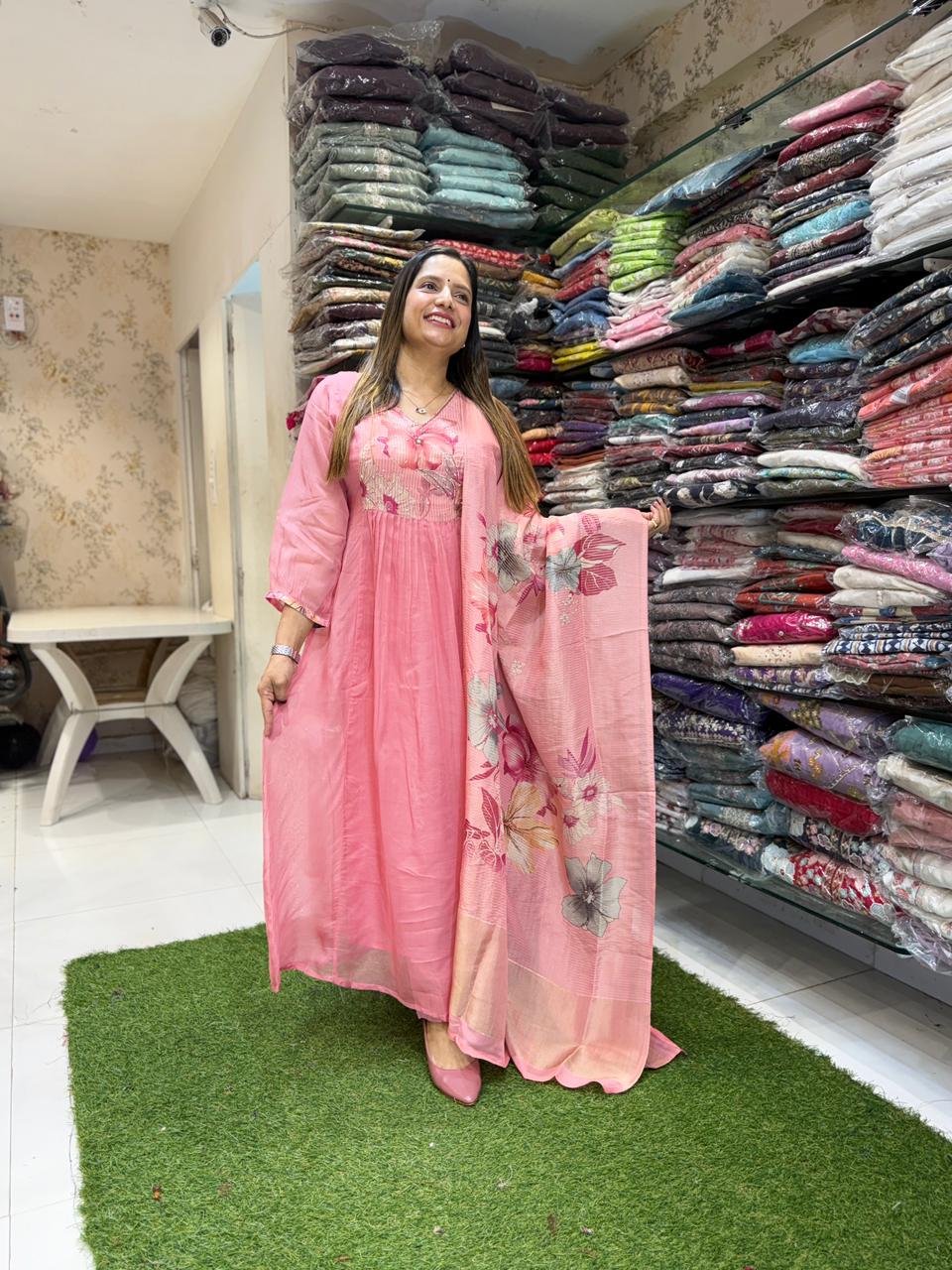 Pure VIscose Organza Handwork Onion pink color 3 pc set