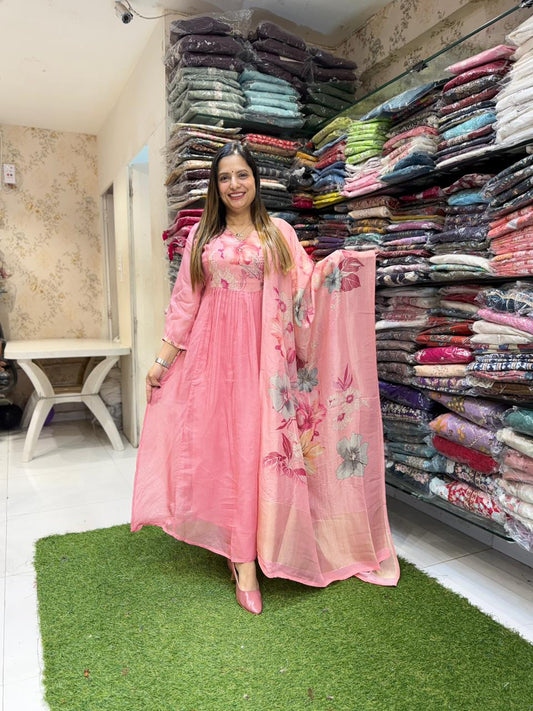Pure VIscose Organza Handwork Onion pink color 3 pc set