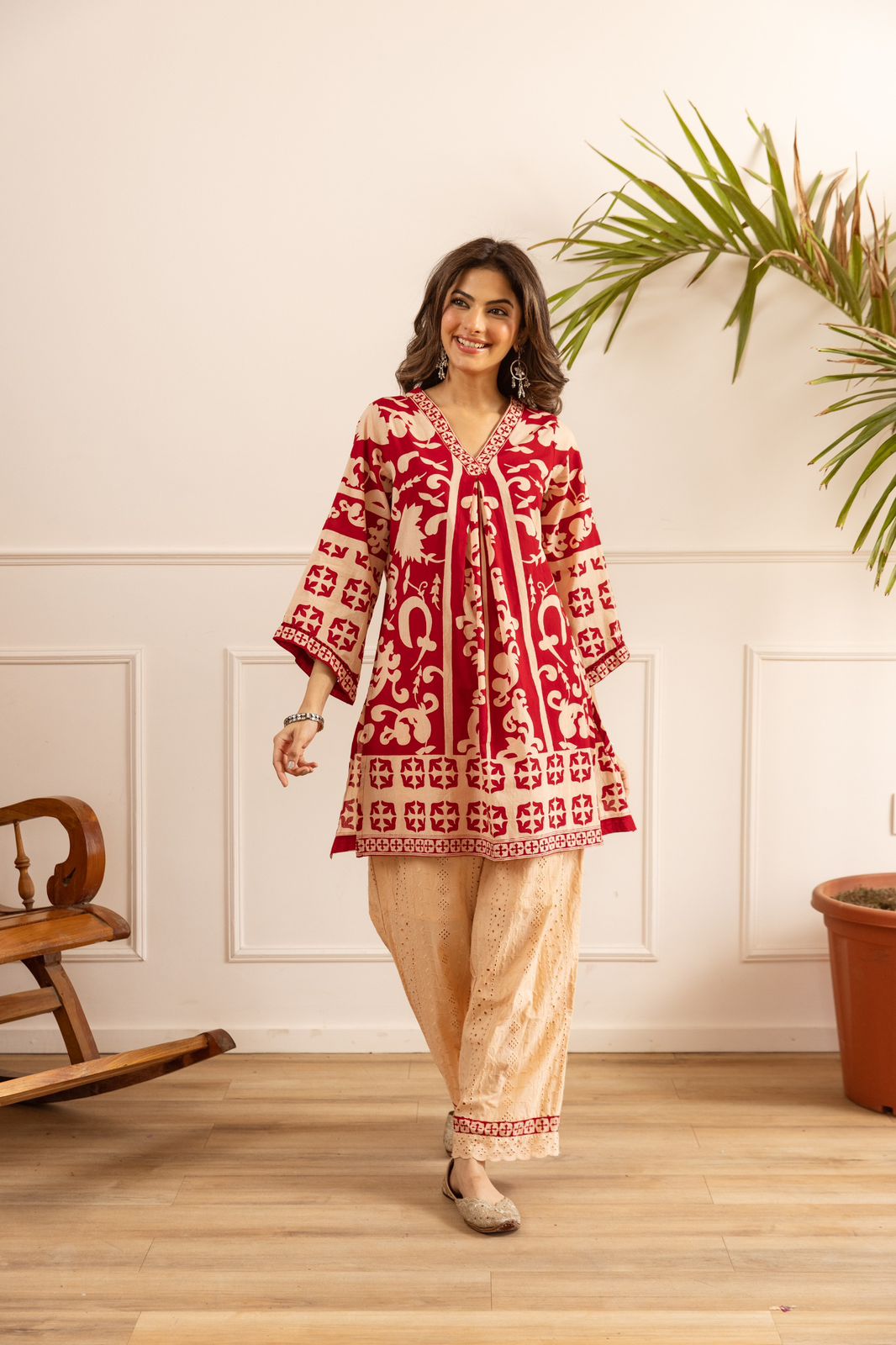 Pure Cotton Peach And Red 2pc Set