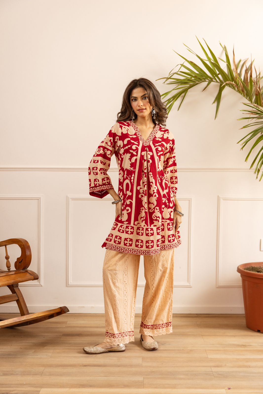 Pure Cotton Peach And Red 2pc Set