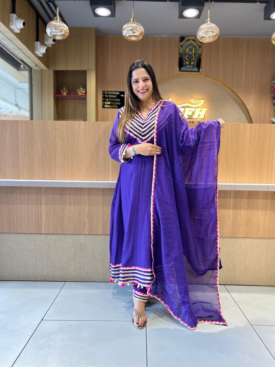 Pure Banaras Mull Chanderi Purple 3pc Set
