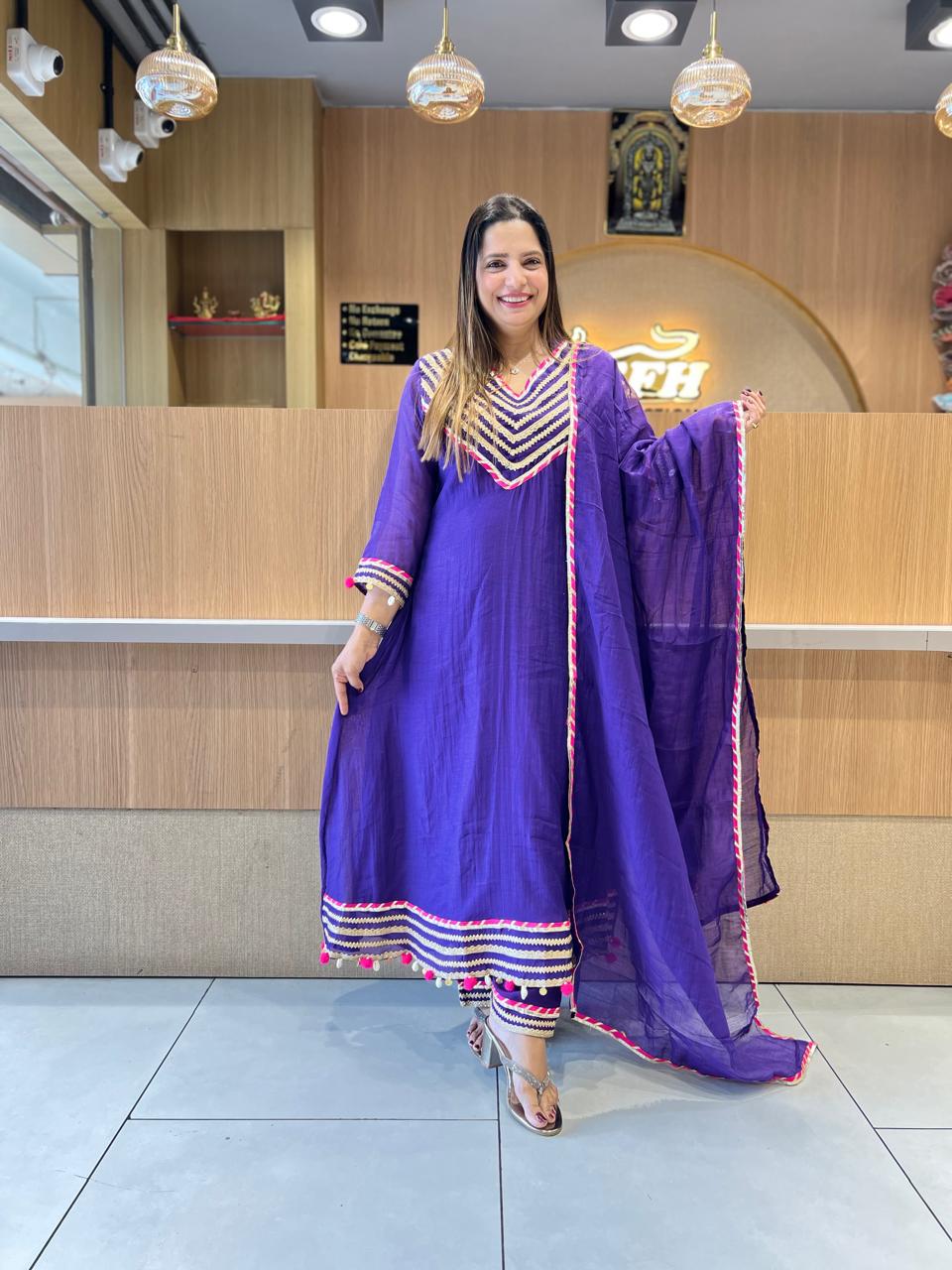 Pure Banaras Mull Chanderi Purple 3pc Set