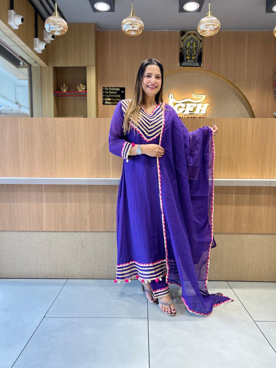 Pure Banaras Mull Chanderi Purple 3pc Set