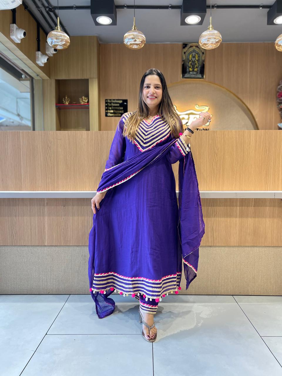 Pure Banaras Mull Chanderi Purple 3pc Set