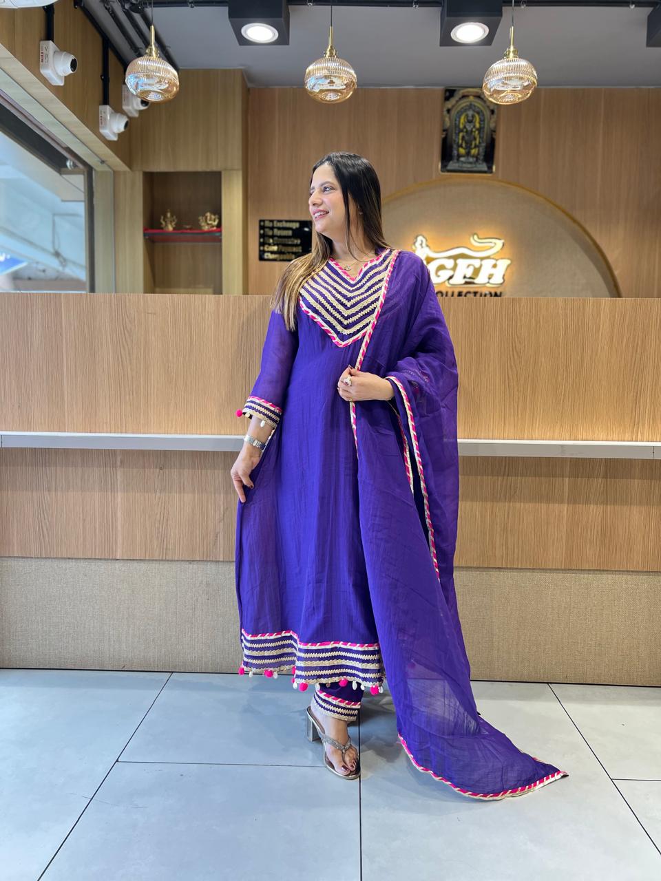 Pure Banaras Mull Chanderi Purple 3pc Set