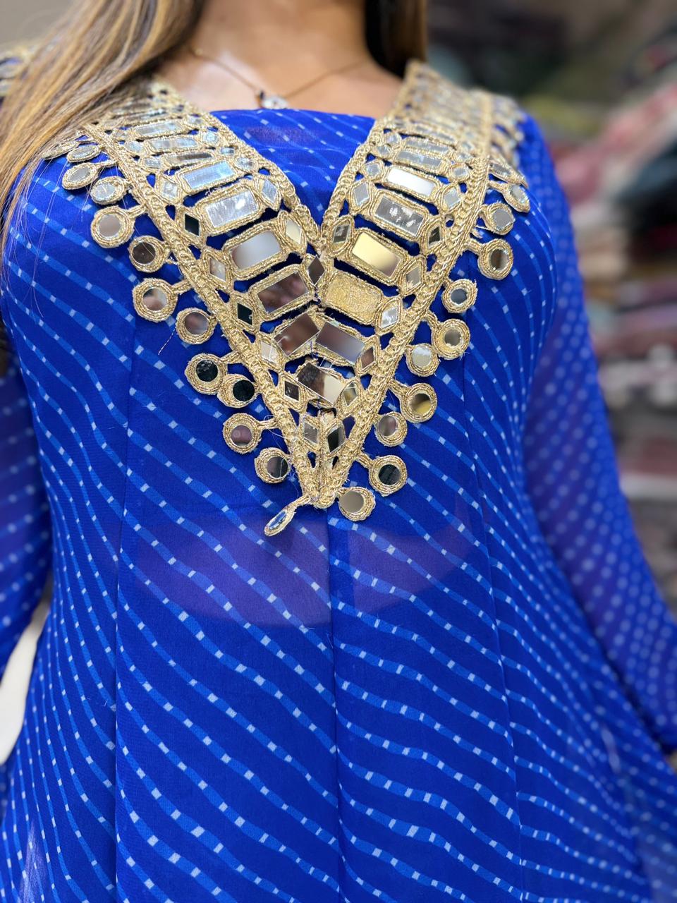 Pure Georgette Blue Shoulder Anarkali 3pc Set