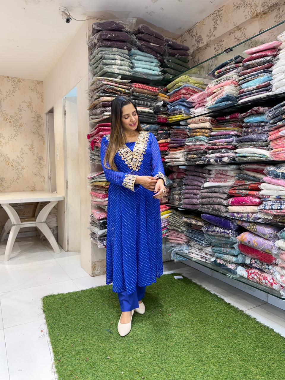 Pure Georgette Blue Shoulder Anarkali 3pc Set