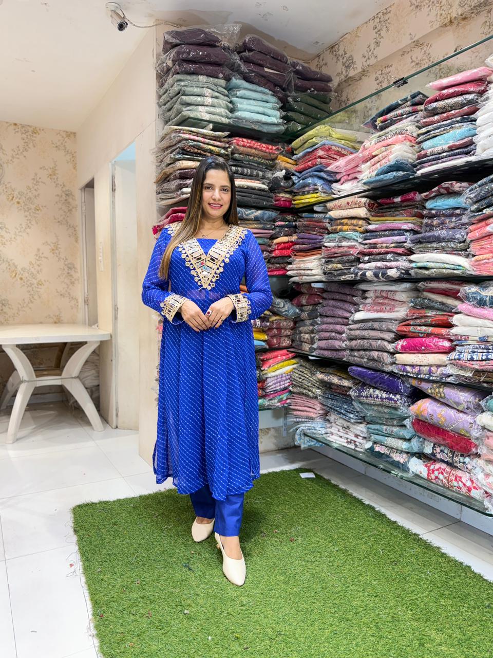 Pure Georgette Blue Shoulder Anarkali 3pc Set