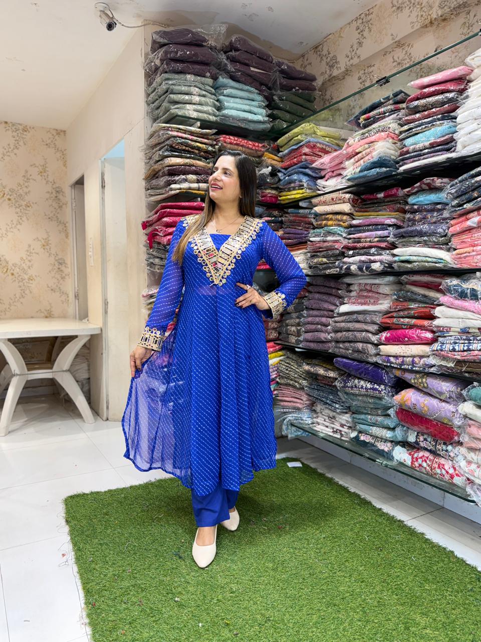Pure Georgette Blue Shoulder Anarkali 3pc Set