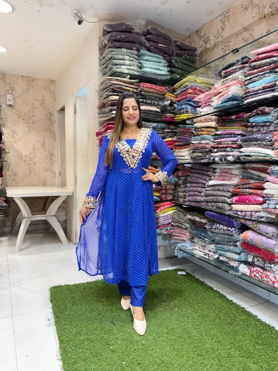 Pure Georgette Blue Shoulder Anarkali 3pc Set