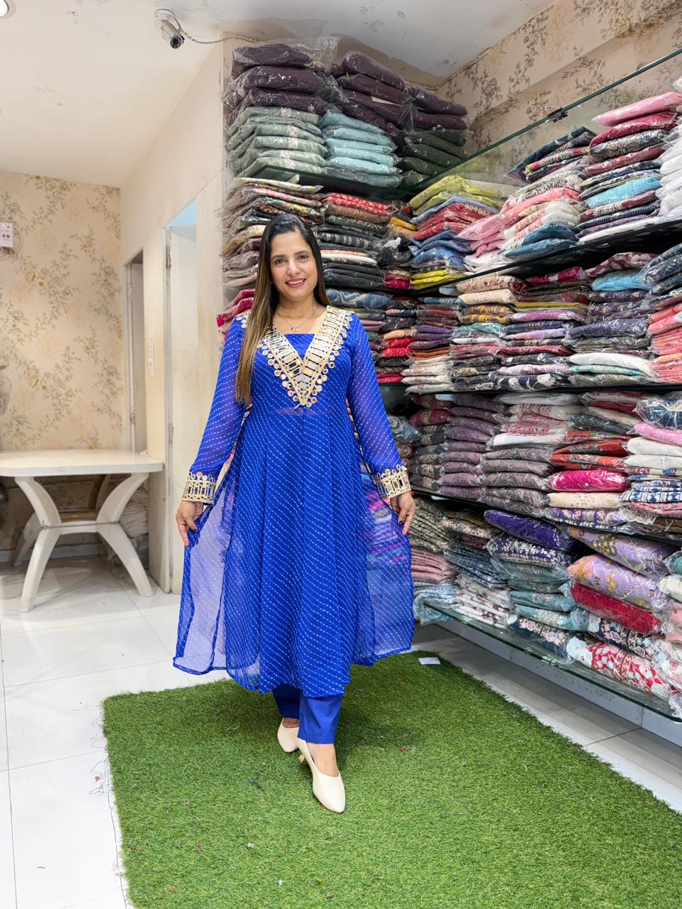 Pure Georgette Blue Shoulder Anarkali 3pc Set