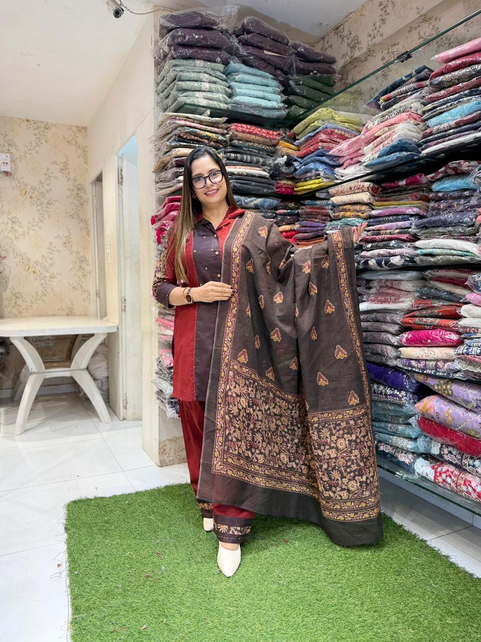 Pure Dhabu Cotton Maroon 3pc Set