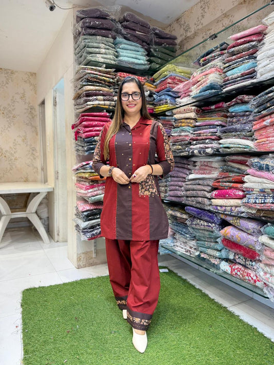 Pure Dhabu Cotton Maroon 3pc Set