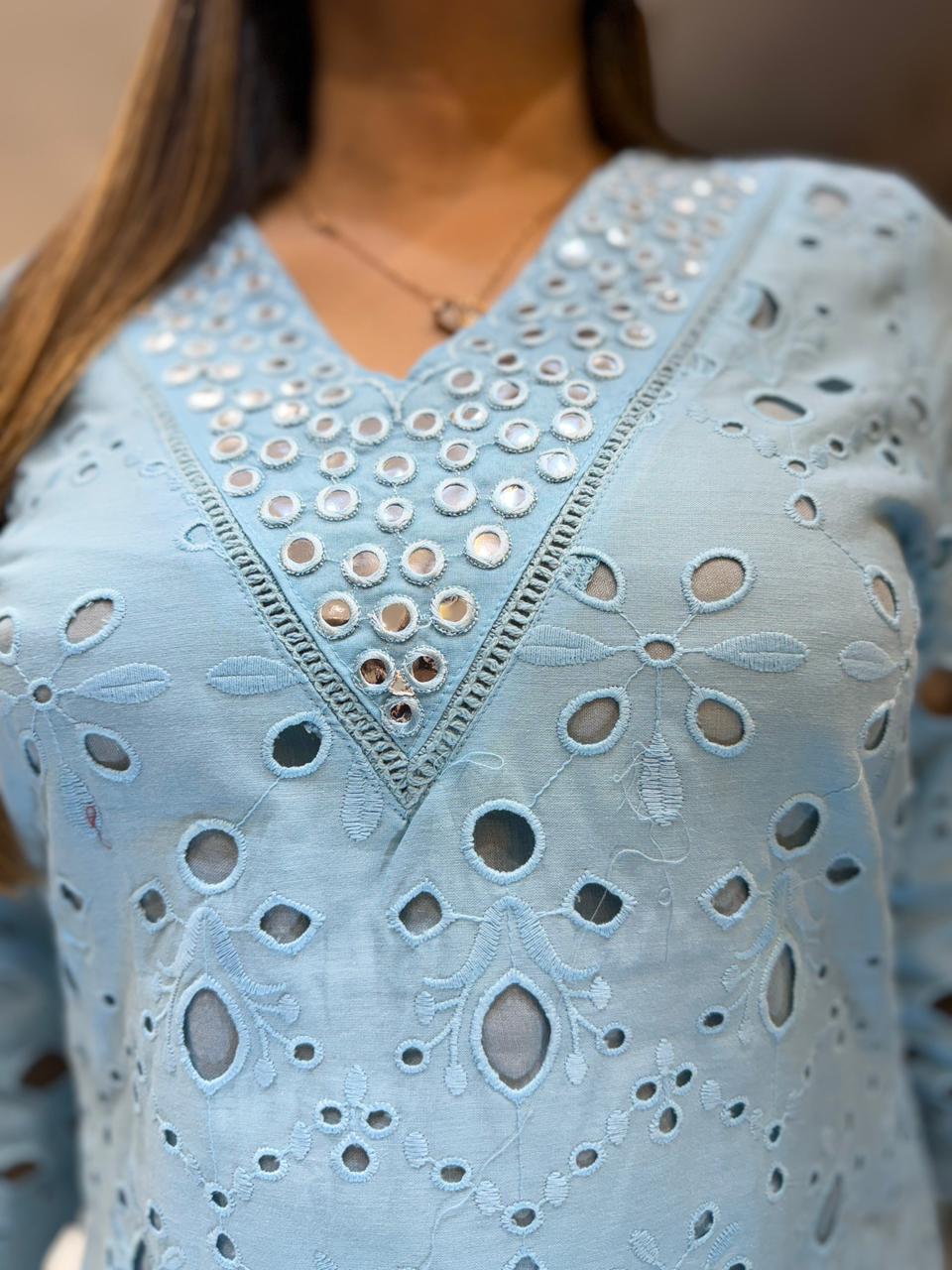 Pure Cotton schiffli sky blue cordset