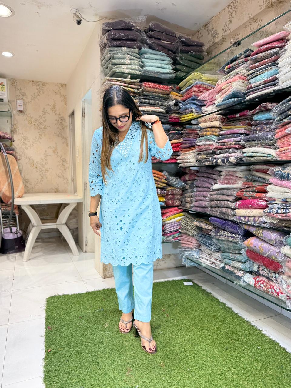 Pure Cotton schiffli sky blue cordset