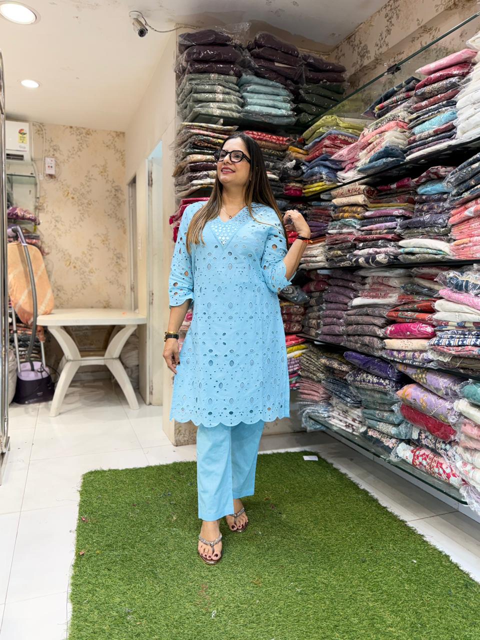 Pure Cotton schiffli sky blue cordset