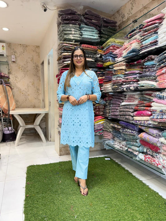 Pure Cotton schiffli sky blue cordset
