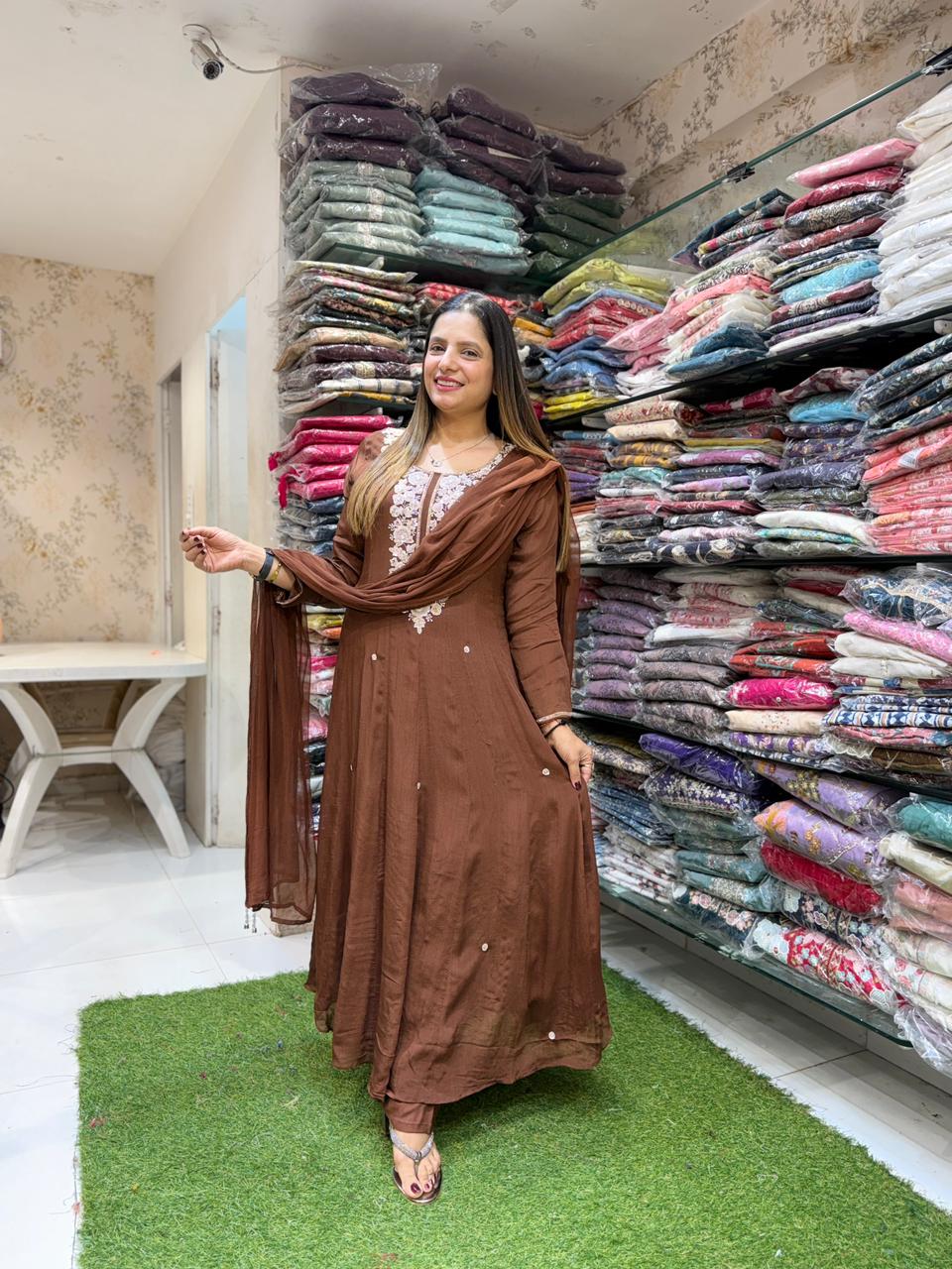 Pure Chinon Shoulder Anarkali Brown